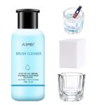 AIJIMEI Nail Brush Cleaner set with a white bottle, small glass cup, and white cotton pads arranged neatly.