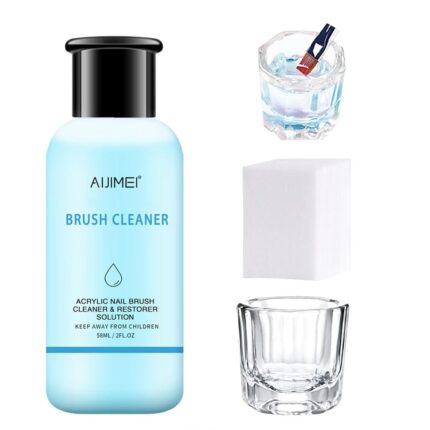 AIJIMEI Nail Brush Cleaner set with a white bottle, small glass cup, and white cotton pads arranged neatly.