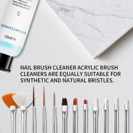 AIJIMEI Nail Brush Cleaner set with a white bottle, small glass cup, and white cotton pads arranged neatly.