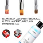 AIJIMEI Nail Brush Cleaner set with a white bottle, small glass cup, and white cotton pads arranged neatly.