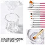AIJIMEI Nail Brush Cleaner set with a white bottle, small glass cup, and white cotton pads arranged neatly.