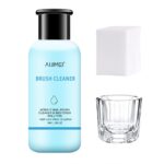 AIJIMEI Nail Brush Cleaner set with a white bottle, small glass cup, and white cotton pads arranged neatly.