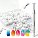 A clear plastic box filled with 200 small white square nail sponges, next to a silver metal grabber pen.