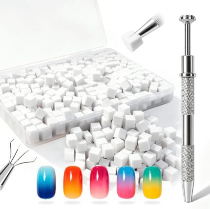 A clear plastic box filled with 200 small white square nail sponges, next to a silver metal grabber pen.