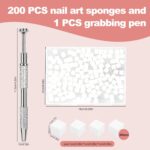 A clear plastic box filled with 200 small white square nail sponges, next to a silver metal grabber pen.