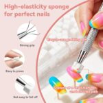 A clear plastic box filled with 200 small white square nail sponges, next to a silver metal grabber pen.