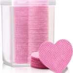 A clear plastic box containing 200 pink heart-shaped lint-free wipes, suitable for lash extensions and nail polish removal.
