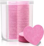 A clear plastic box containing 200 pink heart-shaped lint-free wipes, suitable for lash extensions and nail polish removal.
