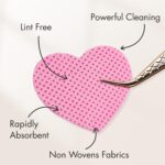 A clear plastic box containing 200 pink heart-shaped lint-free wipes, suitable for lash extensions and nail polish removal.
