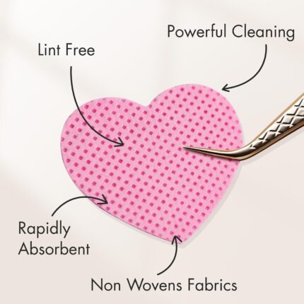 A clear plastic box containing 200 pink heart-shaped lint-free wipes, suitable for lash extensions and nail polish removal.