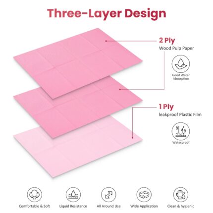 A stack of pink Etercycle disposable nail mats with one unfolded to show its absorbent surface and waterproof backing, ready