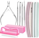 Fandamei 11-piece pink nail care kit with various manicure and pedicure tools neatly arranged.