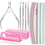 Fandamei 11-piece pink nail care kit with various manicure and pedicure tools neatly arranged.