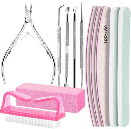Fandamei 11-piece pink nail care kit with various manicure and pedicure tools neatly arranged.