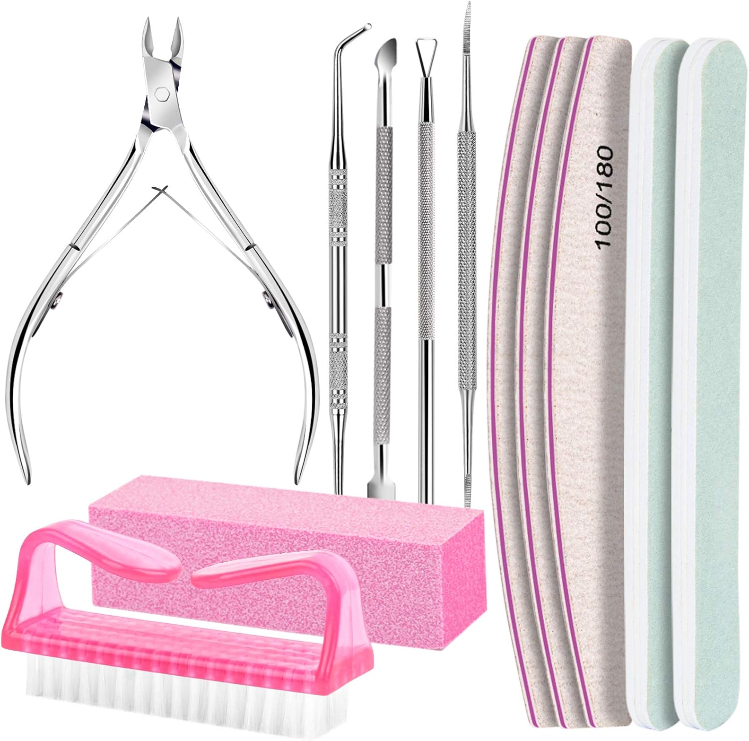 fandamei-11-piece-manicure-pedicure-kit-with-nail-files-100-180-cuticle-tools-pink-01 Fandamei 11-piece pink nail care kit with various manicure and pedicure tools neatly arranged.