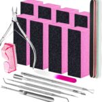 A comprehensive 20-piece Fandamei nail care kit in pink, featuring various buffers, files, and cuticle tools.