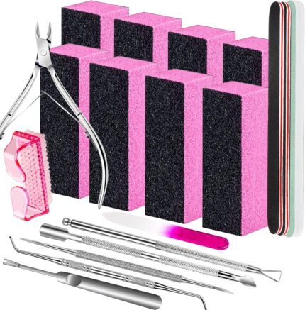 A comprehensive 20-piece Fandamei nail care kit in pink, featuring various buffers, files, and cuticle tools.