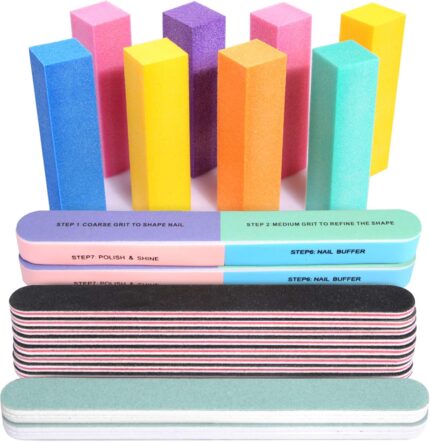 A comprehensive set of Fandamei nail files and buffers, including colorful blocks, black files, and 7-way buffers, arranged n