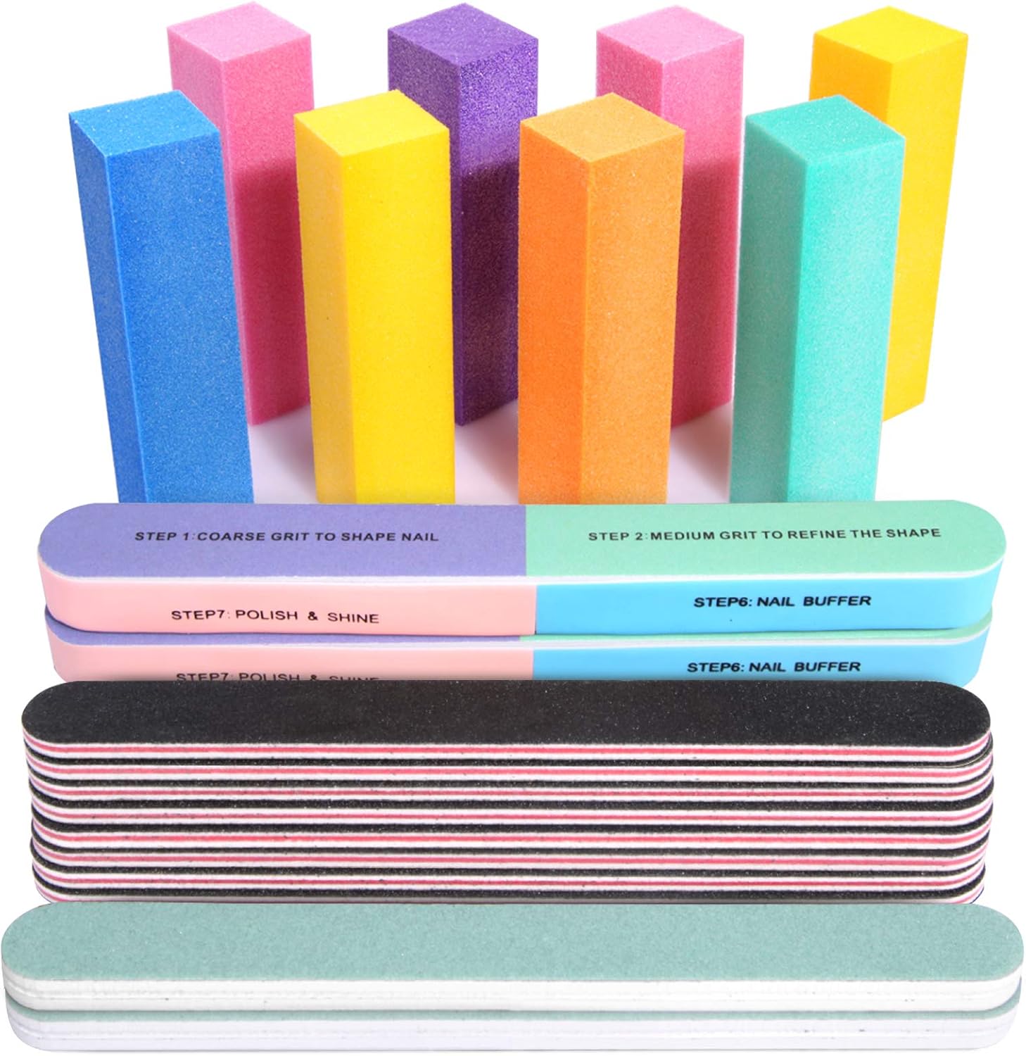 fandamei-20-piece-nail-file-buffer-kit-professional-manicure-set-01 A comprehensive set of Fandamei nail files and buffers, including colorful blocks, black files, and 7-way buffers, arranged n