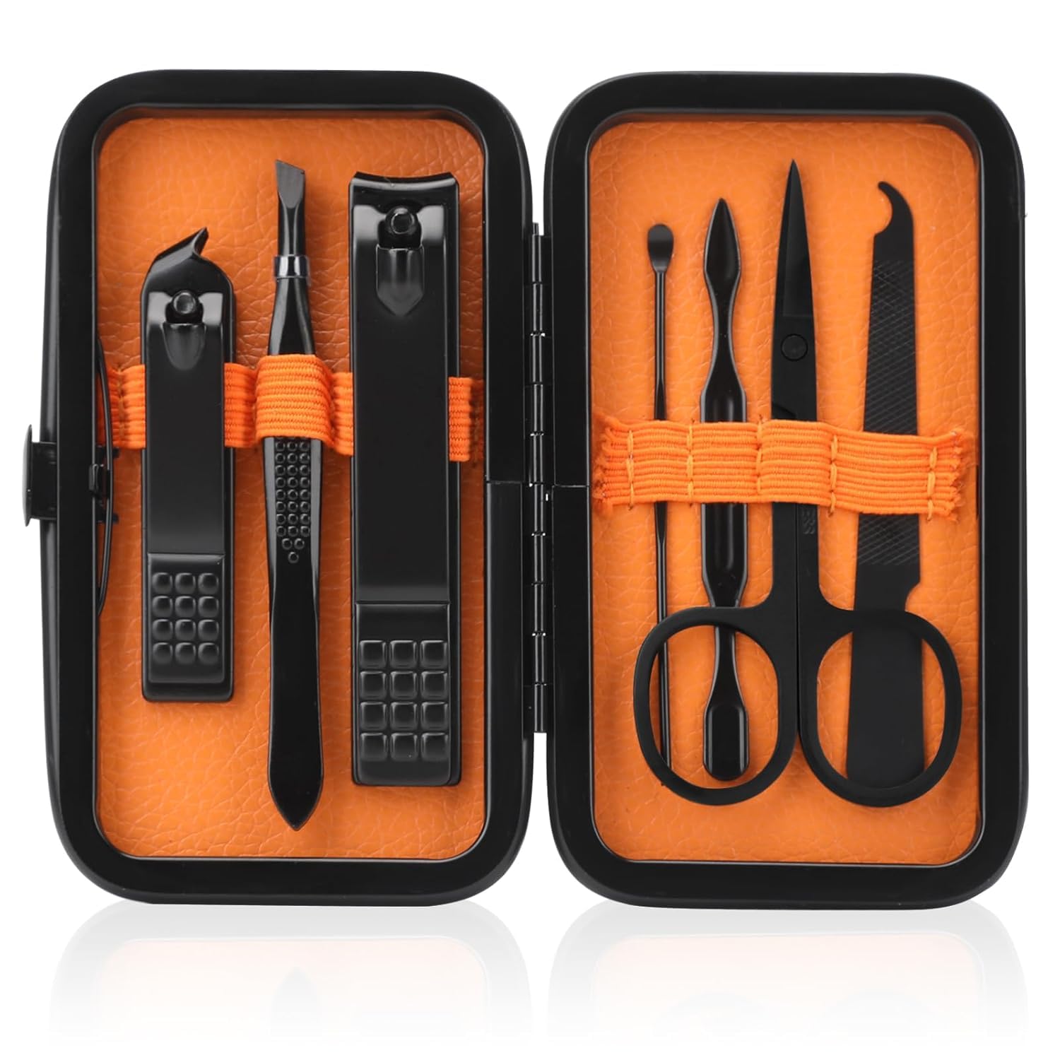 Version 1.0.0 Open black and orange fenlebeneil 7-piece manicure set with nail clippers, scissors, tweezers, and other grooming tools displ