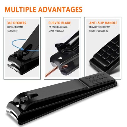 Open black and orange fenlebeneil 7-piece manicure set with nail clippers, scissors, tweezers, and other grooming tools displ