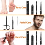 Open black and orange fenlebeneil 7-piece manicure set with nail clippers, scissors, tweezers, and other grooming tools displ