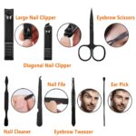 Open black and orange fenlebeneil 7-piece manicure set with nail clippers, scissors, tweezers, and other grooming tools displ