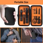 Open black and orange fenlebeneil 7-piece manicure set with nail clippers, scissors, tweezers, and other grooming tools displ