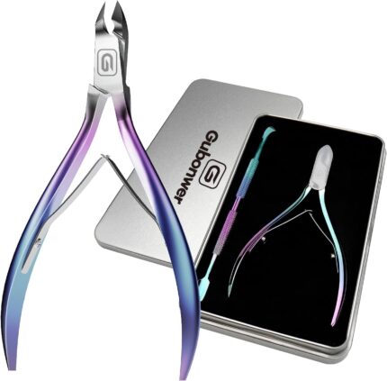 Gubonwer professional cuticle trimmer with a 3/4 jaw, sharp stainless steel blades, and ergonomic handles in a tin gift box.