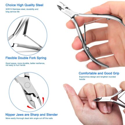 A HIFAU 6-piece professional cuticle nippers kit in a black PU travel case, showing all stainless steel tools.