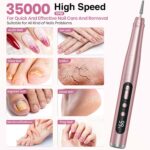 Hoxida Cordless Nail Drill with LCD display, shown with drill bits and sanding bands, on a clean background.