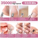 Hoxida Cordless Nail Drill with LCD display, shown with drill bits and sanding bands, on a clean background.