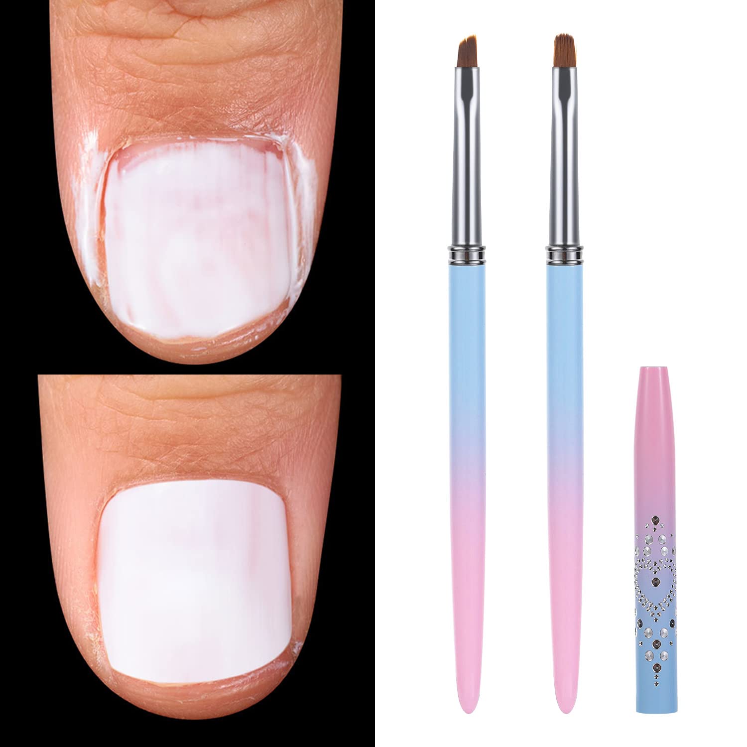 Version 1.0.0 Two INENK nail clean-up brushes, one with a round tip and one with an angled tip, with pink and blue gradient handles.