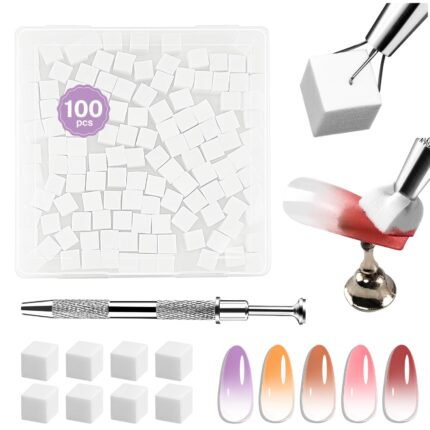 Close-up of JODSONE soft latex nail sponges and a stainless steel grabber pen, arranged for gradient nail art.