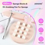 Close-up of JODSONE soft latex nail sponges and a stainless steel grabber pen, arranged for gradient nail art.
