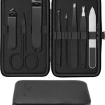 Keiby Citom 8-piece professional manicure and pedicure set in a black synthetic leather case, opened to show the stainless st
