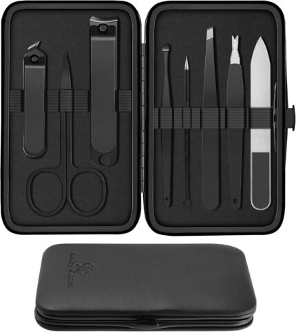 Keiby Citom 8-piece professional manicure and pedicure set in a black synthetic leather case, opened to show the stainless st