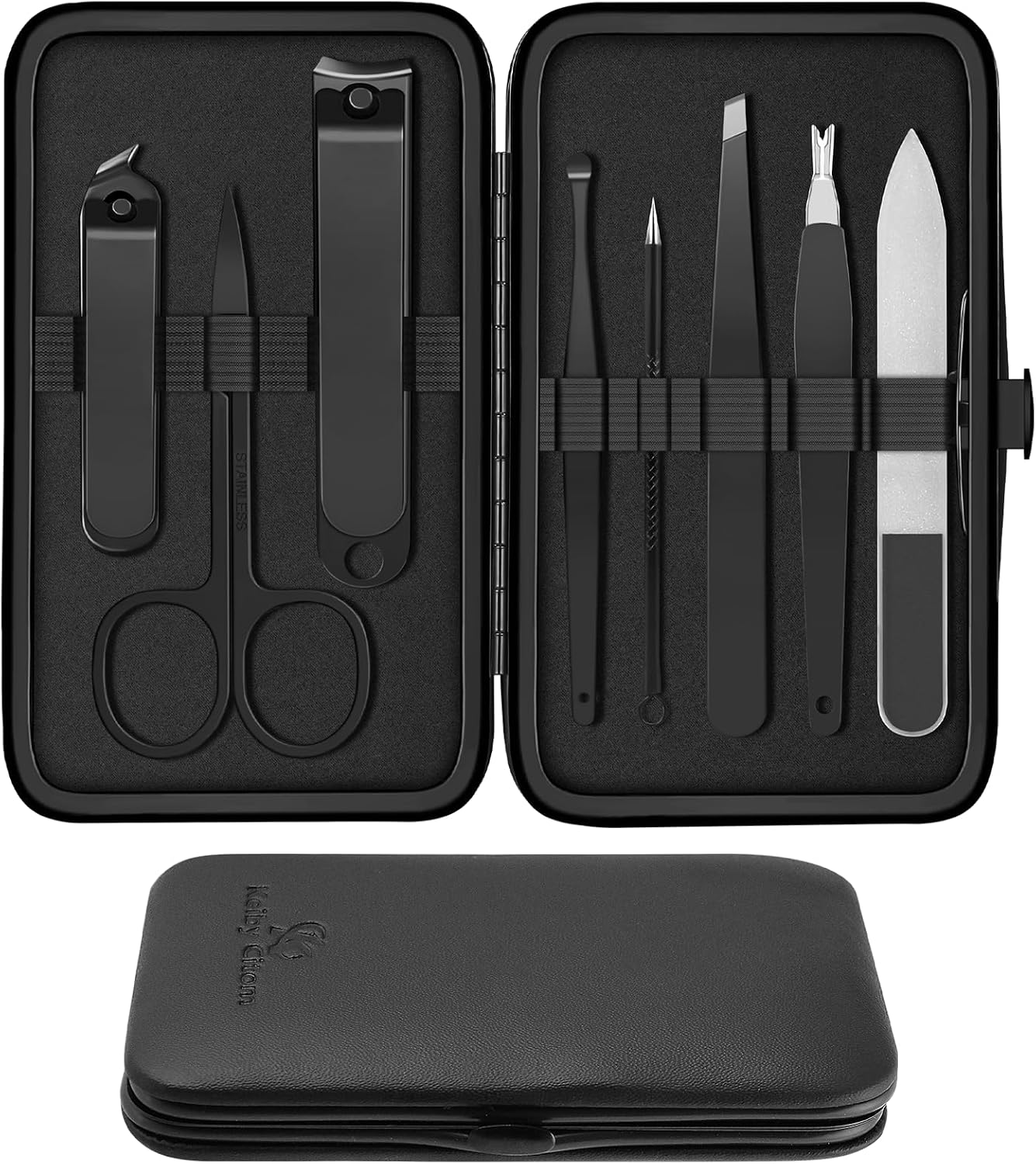 keiby-citom-8-piece-professional-stainless-steel-manicure-pedicure-set-black-01 Keiby Citom 8-piece professional manicure and pedicure set in a black synthetic leather case, opened to show the stainless st