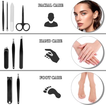 Keiby Citom 8-piece professional manicure and pedicure set in a black synthetic leather case, opened to show the stainless st