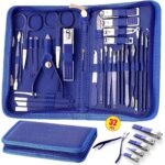 A blue travel case containing a KV.YSHQLNE 32-piece professional manicure and pedicure set with various grooming tools.
