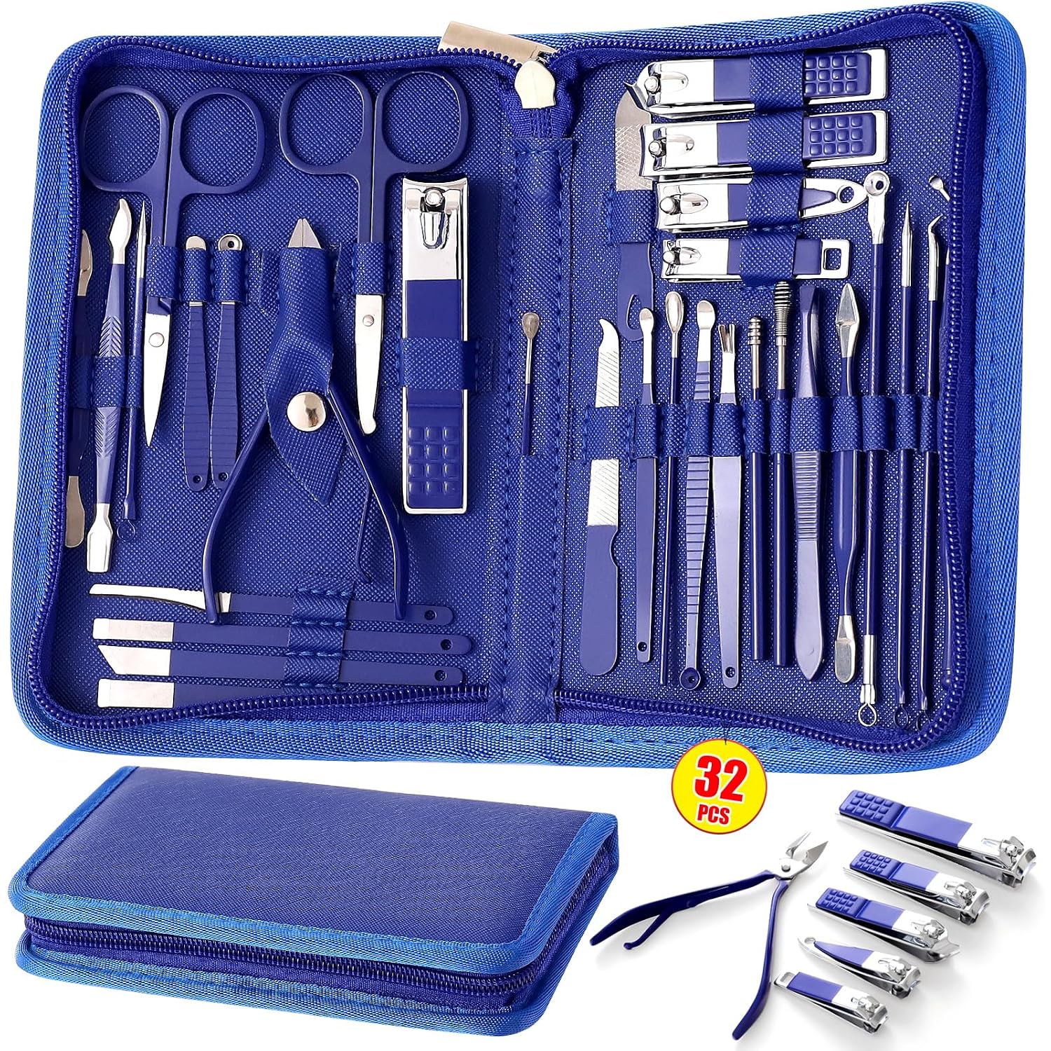 kv-yshqlne-32-in-1-professional-manicure-pedicure-set-for-women-blue-01 A blue travel case containing a KV.YSHQLNE 32-piece professional manicure and pedicure set with various grooming tools.