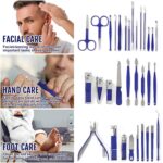 A blue travel case containing a KV.YSHQLNE 32-piece professional manicure and pedicure set with various grooming tools.