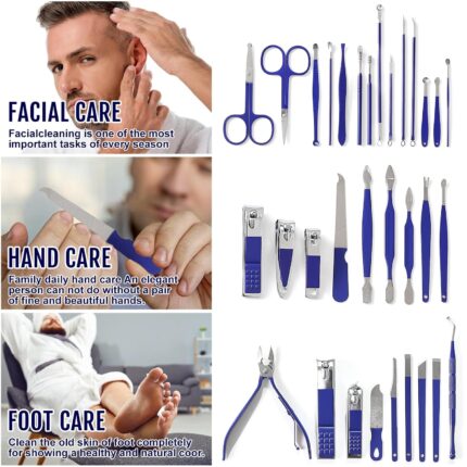 A blue travel case containing a KV.YSHQLNE 32-piece professional manicure and pedicure set with various grooming tools.