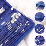 A blue travel case containing a KV.YSHQLNE 32-piece professional manicure and pedicure set with various grooming tools.