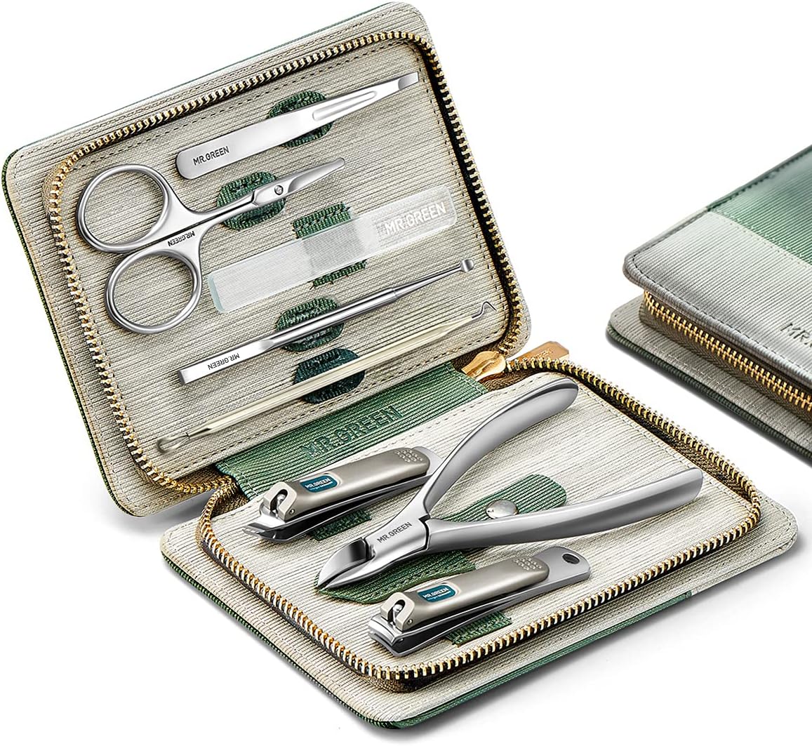 mr-green-8-in-1-manicure-pedicure-set-with-green-pu-leather-case-01 An open MR.GREEN 8-in-1 manicure and pedicure set, showcasing all eight stainless steel tools neatly arranged in a green PU l