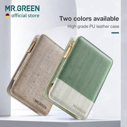 An open MR.GREEN 8-in-1 manicure and pedicure set, showcasing all eight stainless steel tools neatly arranged in a green PU l