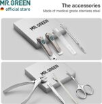 An open MR.GREEN 8-in-1 manicure and pedicure set, showcasing all eight stainless steel tools neatly arranged in a green PU l