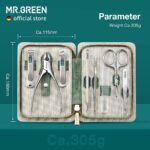 An open MR.GREEN 8-in-1 manicure and pedicure set, showcasing all eight stainless steel tools neatly arranged in a green PU l
