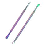 A two-piece set of opove P1 gradient stainless steel cuticle pushers and gel polish removers on a clean surface.