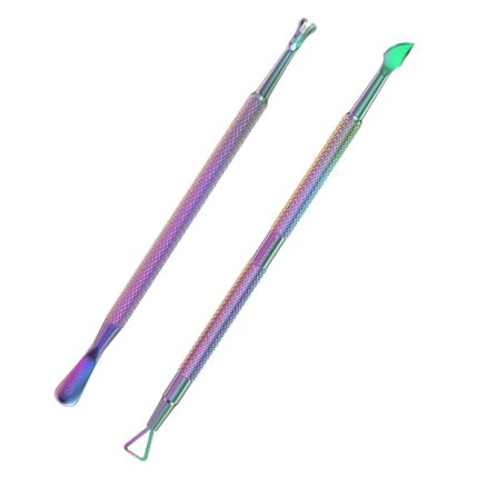 A two-piece set of opove P1 gradient stainless steel cuticle pushers and gel polish removers on a clean surface.